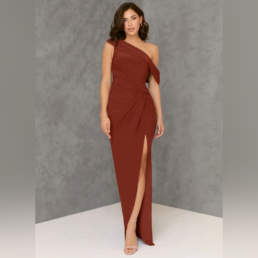 Azazie One-Shoulder Ruched Gown in Rust